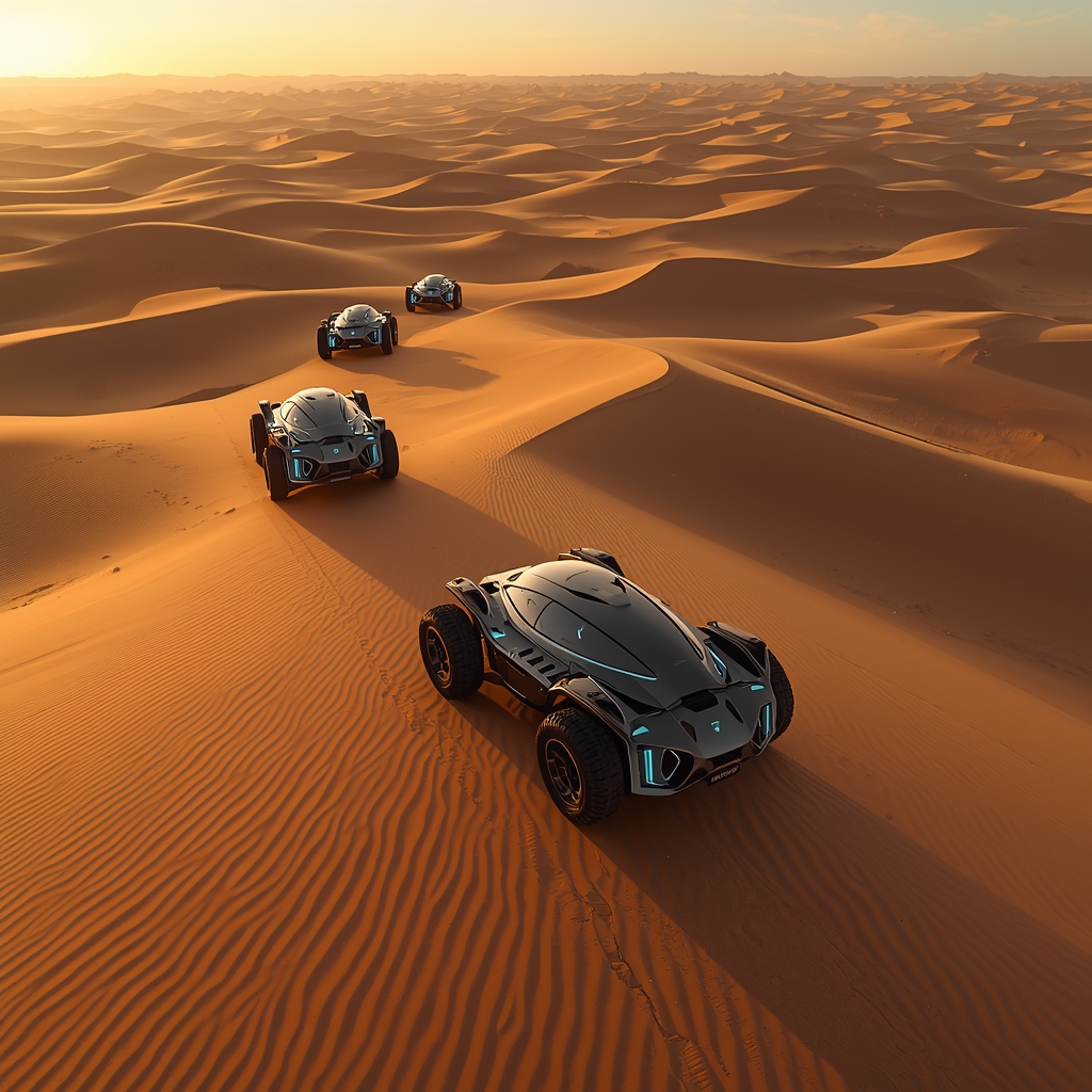 A fleet of three sleek, metallic autonomous all-terrain vehicles with glowing blue accents navigating across vast, rippling sand dunes of a golden desert at sunset. Long shadows, dramatic lighting, science fiction style, highly detailed, no people.